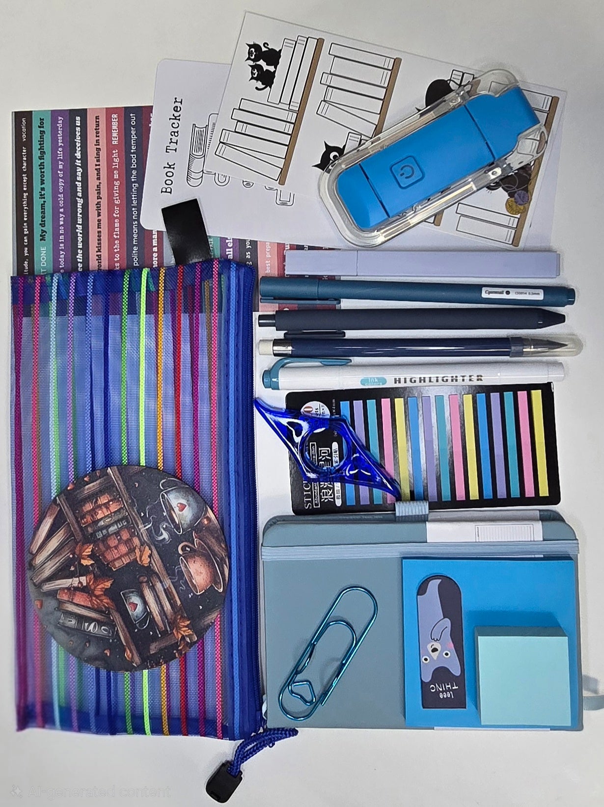 Assorted stationery items including pens, a pencil case, and a USB drive on a white background