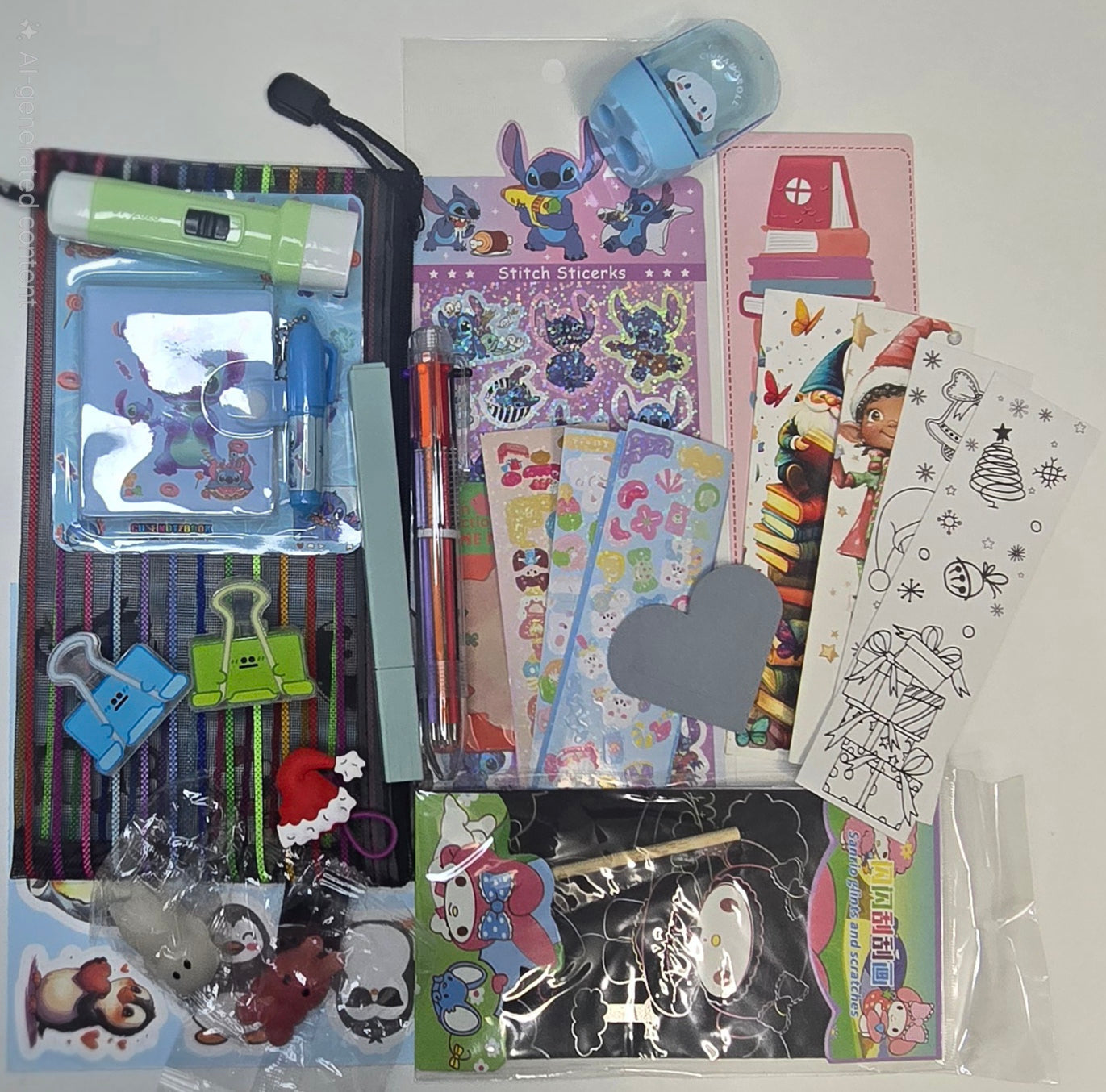 Assorted stationery items including stickers, pens, and small toys on a white background