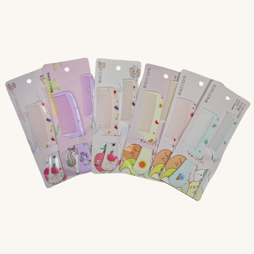 Pastel SUDI two-piece comb sets in illustrated packaging on an ivory background