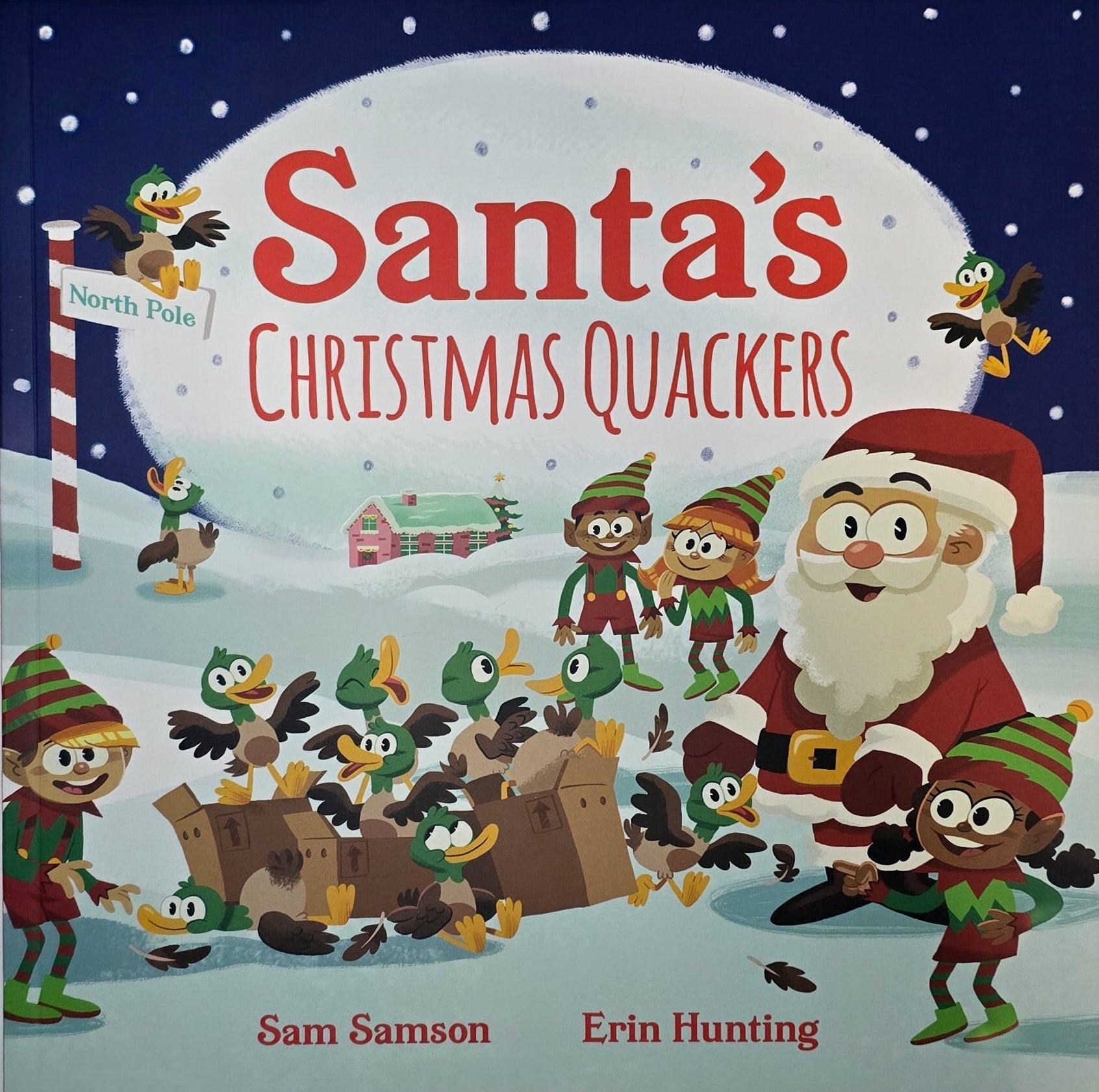 Book cover of 'Santa's Christmas Quackers' with cartoon characters and Santa Claus.