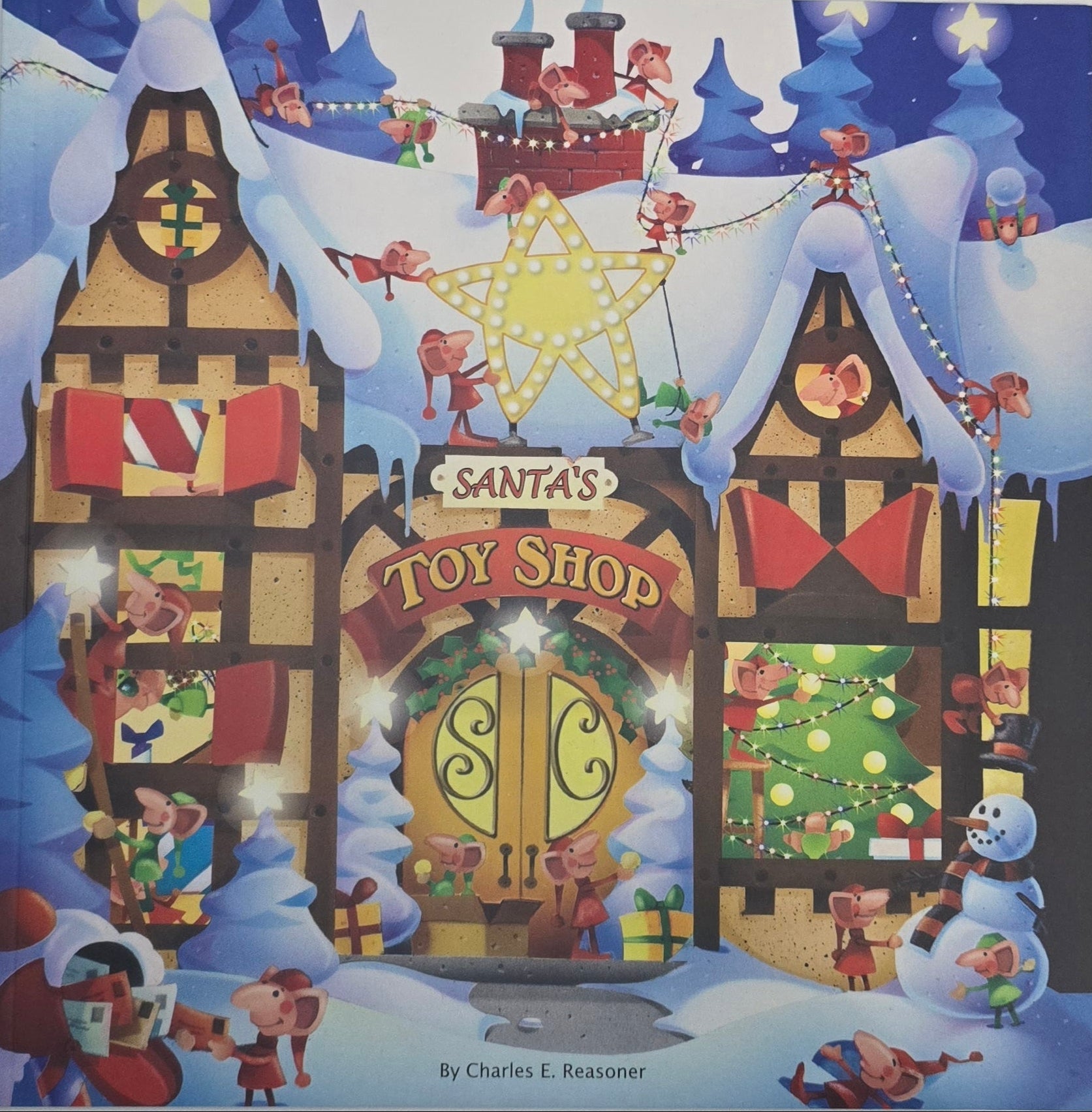 Illustration of Santa's Toy Shop with snow and Christmas decorations