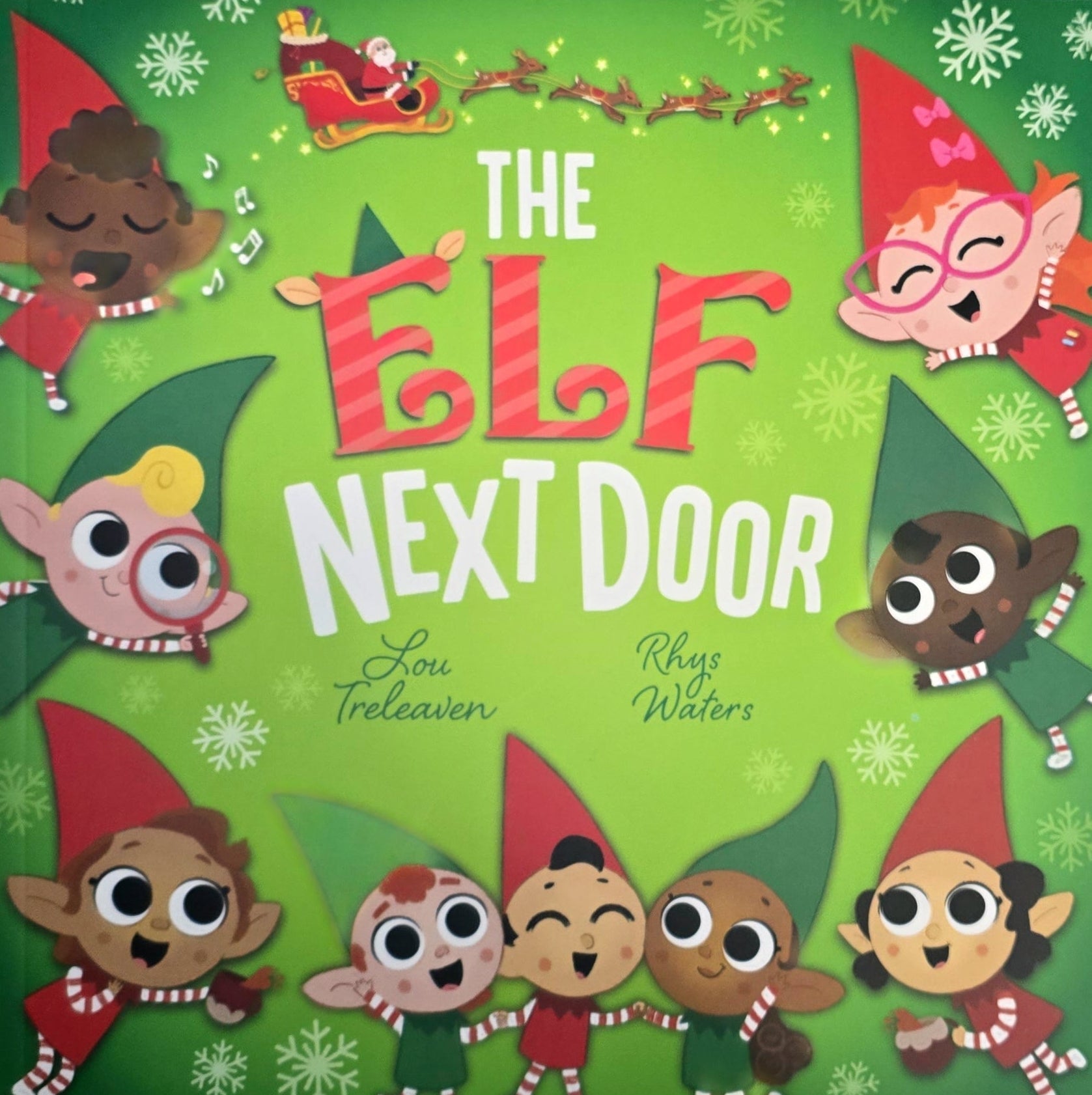 Book cover of 'The Elf Next Door' with cartoon elves on a green background