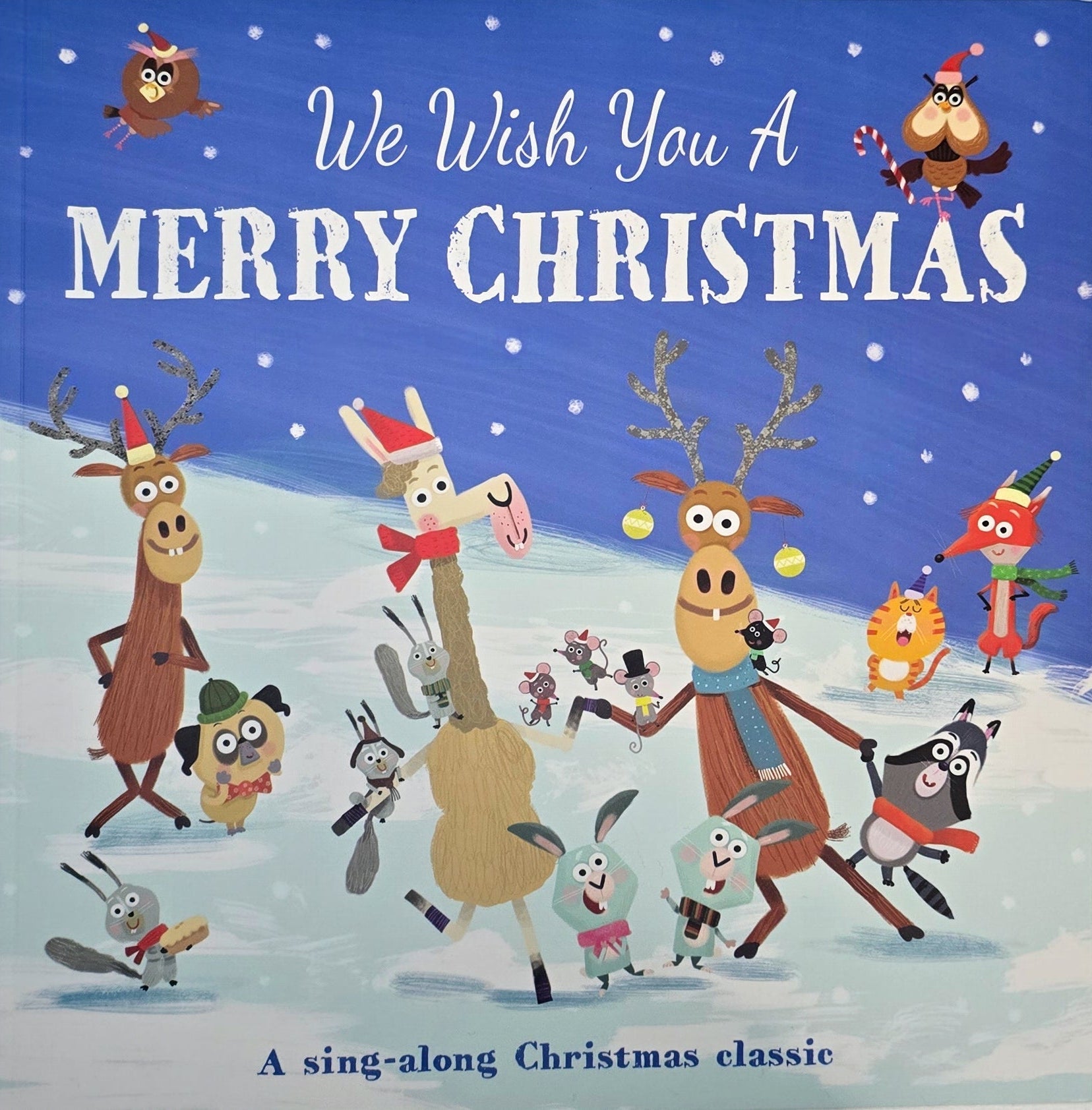 Illustrated book cover with animals on an ice rink and 'We Wish You a Merry Christmas' text.