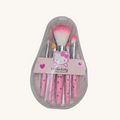 Pink five-piece Hello Kitty makeup brush set in a clear teardrop case on an ivory background